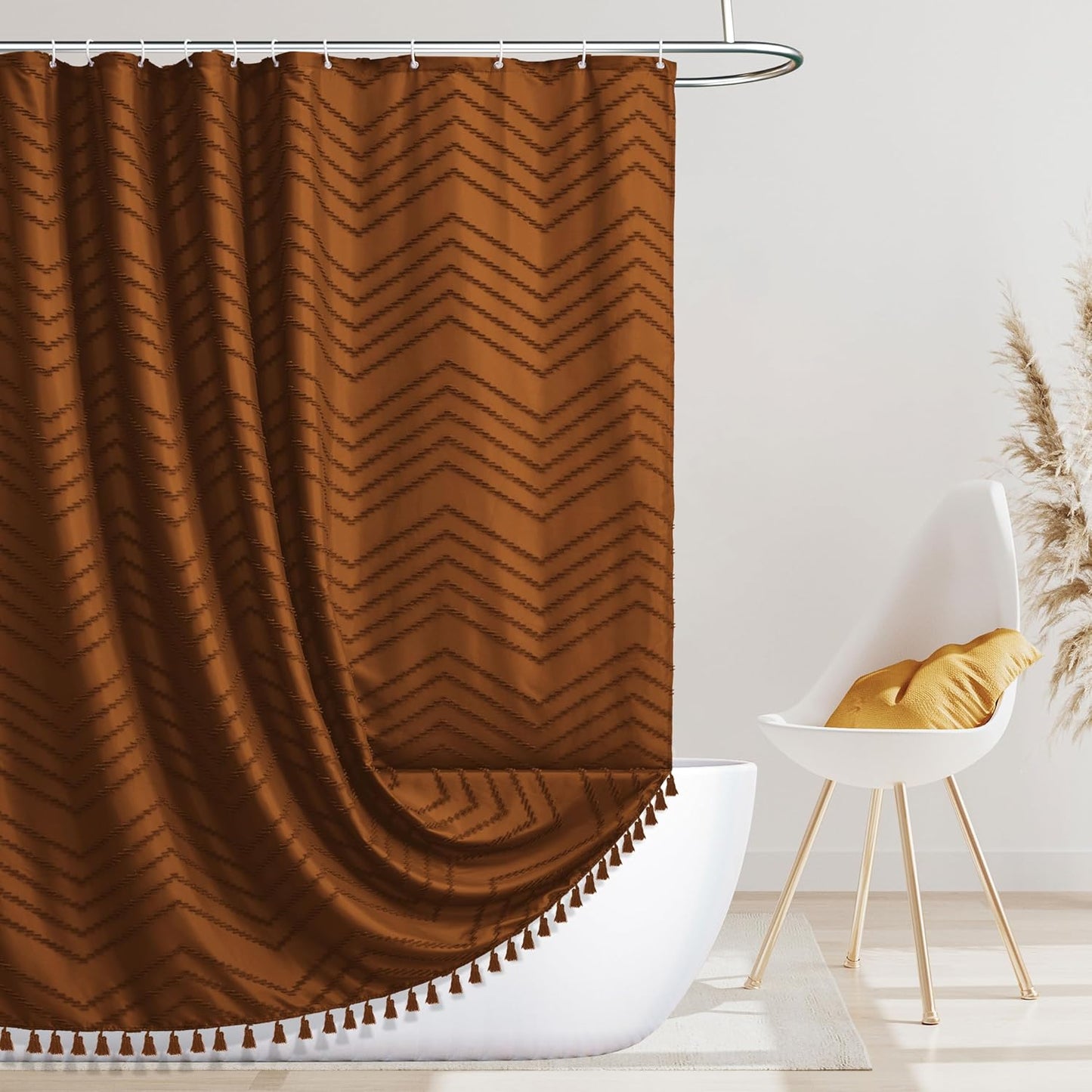 Boho Extra Long Pumpkin Orange Shower Curtain with Tassel, Woven Fabric, Tufted Chevron Striped, 72 x 78, Modern Chic Textured Minimalist Bathroom Shower Curtain