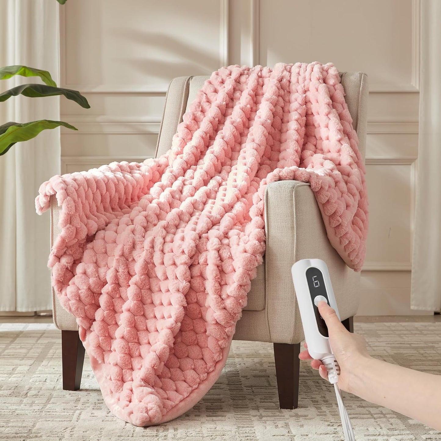 CCU-Warmth Heated Throw Blanket - Fast Heating 3D Jacquard Electric Heated Blanket, Cozy Heating Blanket with 6 Heating Settings & 4 Hours Auto-Off, 50"x60", Pink