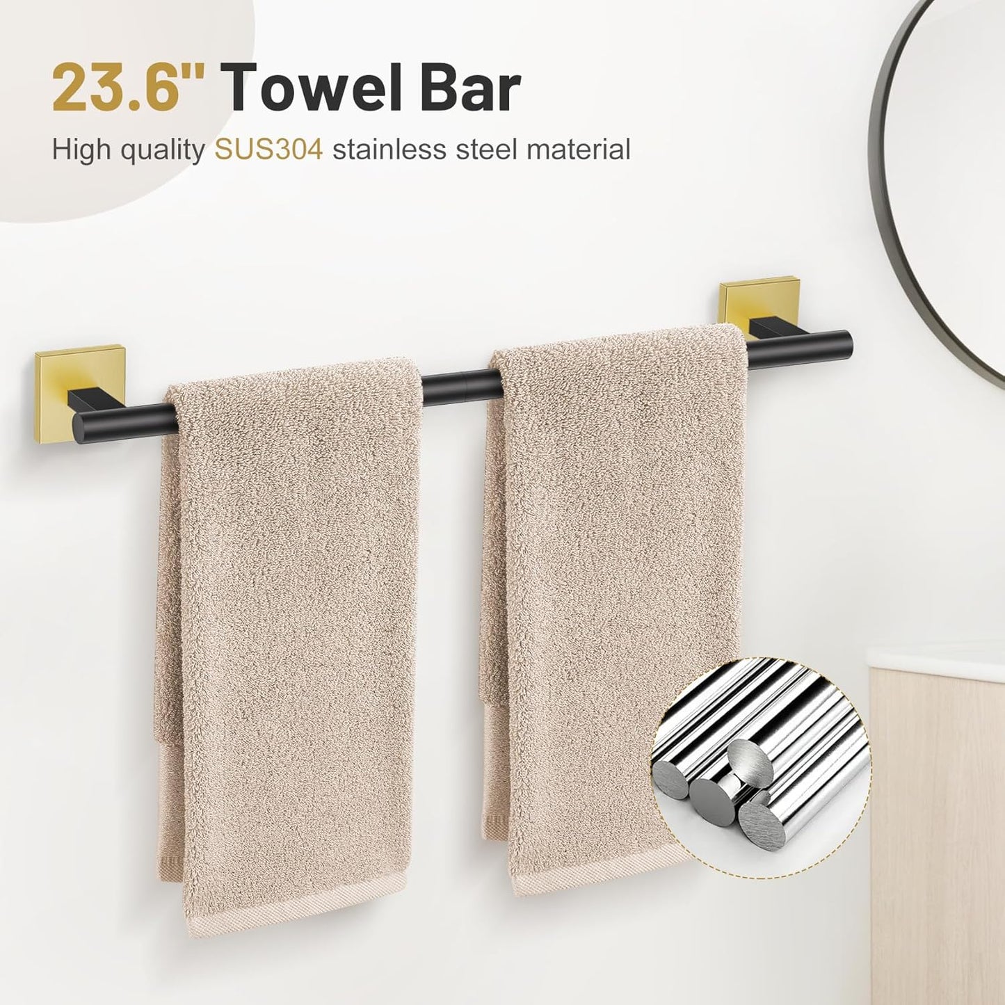 5-Piece Black Gold Bathroom Hardware Set, SUS304 Stainless Steel Bathroom Accessories Set 23.6 inches Towel Bar, Toilet Paper Holder with Shelf, Towel Ring and Two Towel Hooks Wall-Mounted
