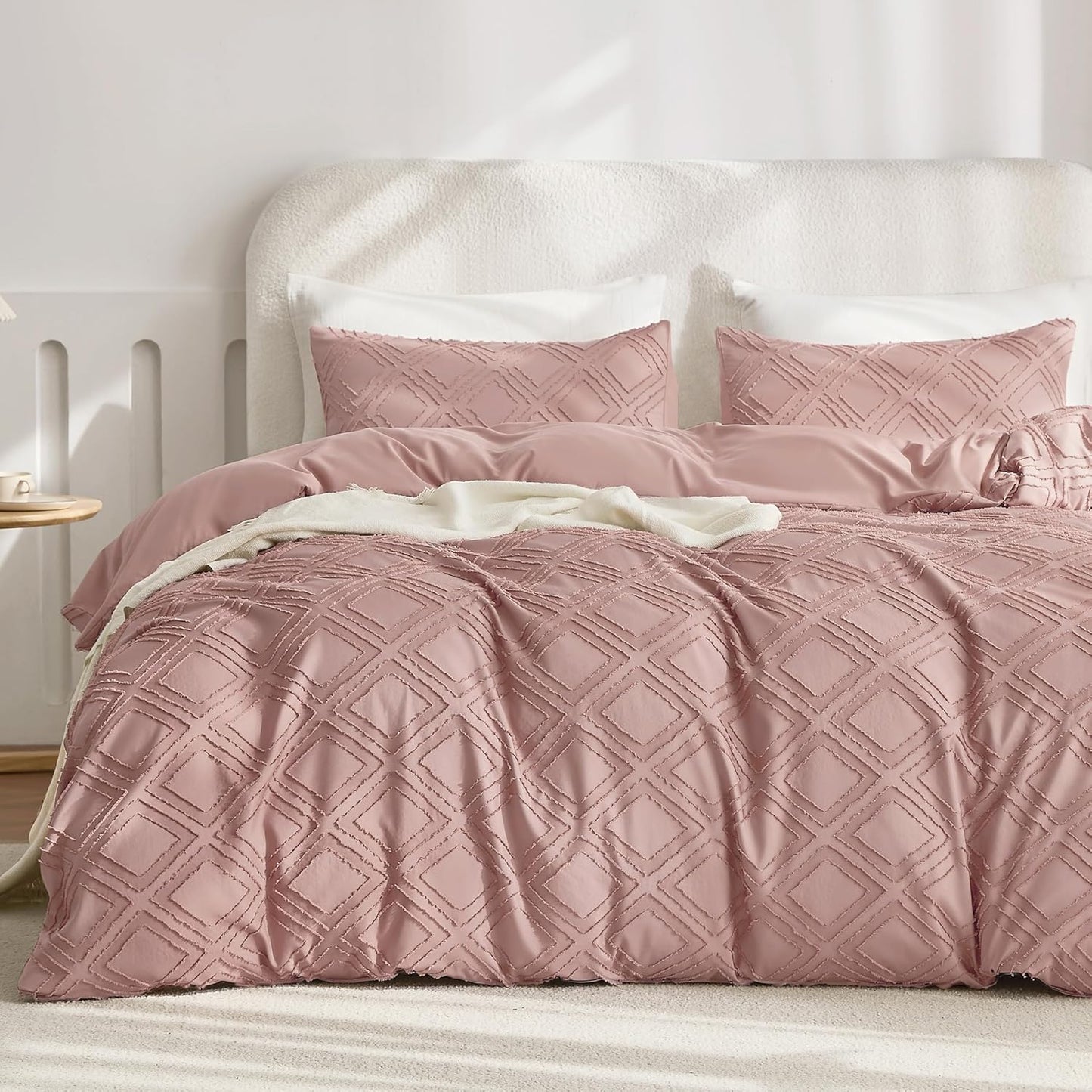 JELLYMONI Duvet Cover Twin Size Smokey Pink - 3PCS Boho Duvet Cover Set Plaid Polyester Tufted Bohemian Jacquard Knit Textured Comforter Cover 68×90in Rhombic Geometric Pattern Corner Ties & Zipper