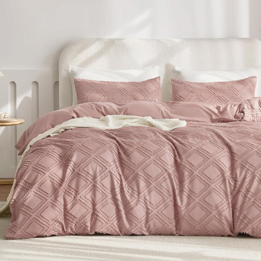 JELLYMONI Duvet Cover Twin Size Smokey Pink - 3PCS Boho Duvet Cover Set Plaid Polyester Tufted Bohemian Jacquard Knit Textured Comforter Cover 68×90in Rhombic Geometric Pattern Corner Ties & Zipper