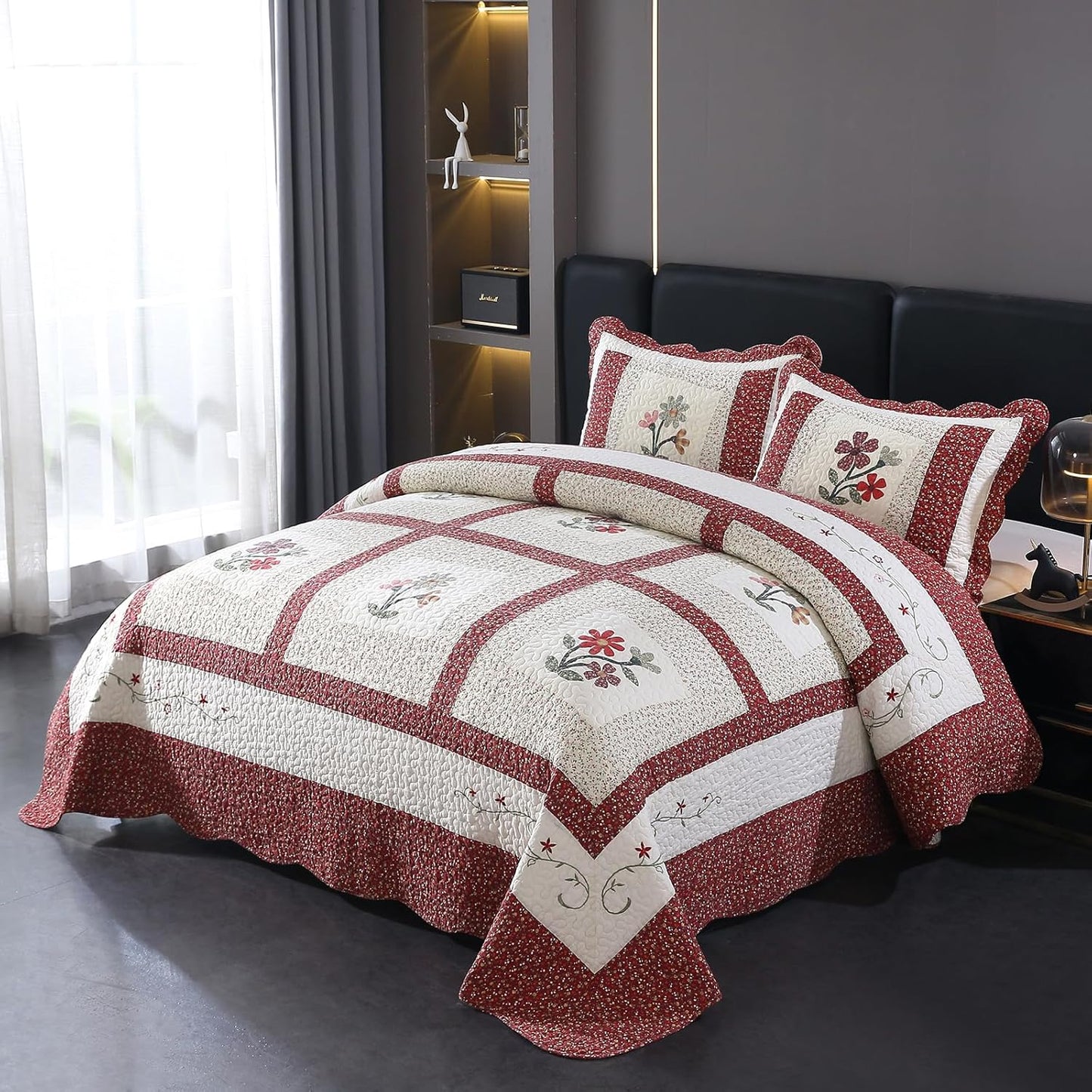 vctops Christmas Red 3 Piece Embroidered Floral Quilted Bedspread Quilt Set 100% Cotton Reversible Patchwork Coverlet Set 1 Quilt and 2 Pillow Shams (Red,Queen)