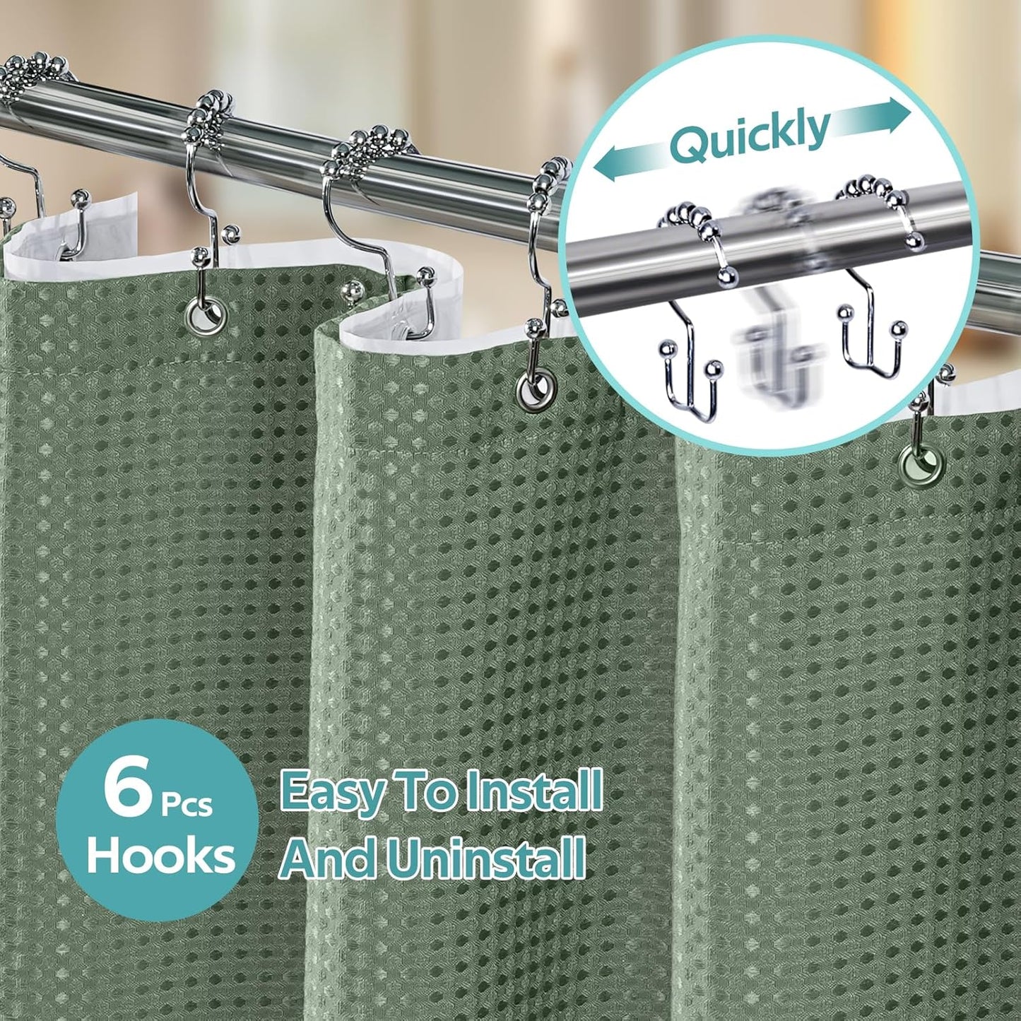 3 in 1 Shower Curtain Set, Waffle Shower Curtain and Liner Set with 6 Double Sided Shower Curtain Hooks, 258GSM Luxury Weighted Cloth Shower Curtains for Bathroom, 36 W x 72 H, Sage Green