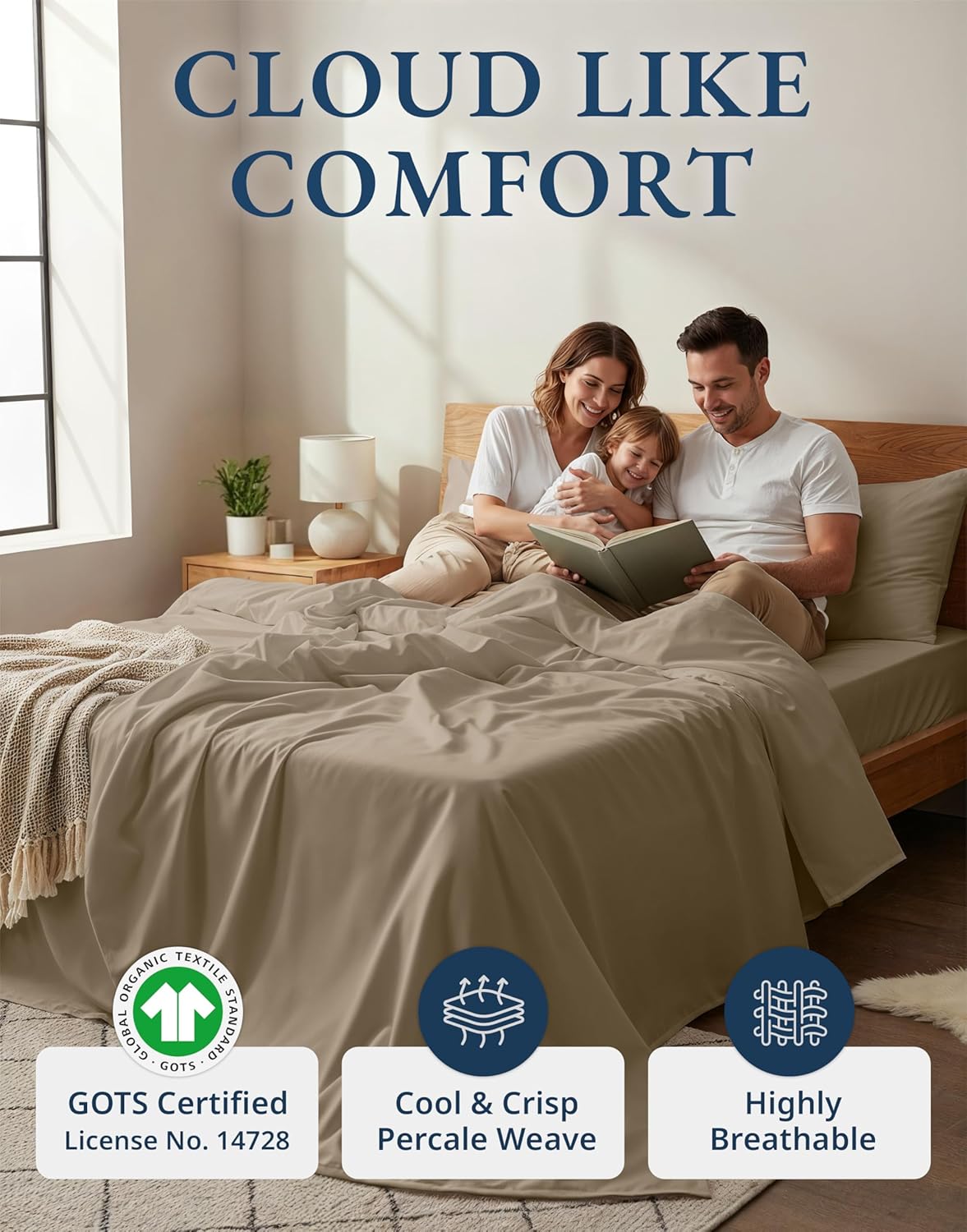 LANE LINEN 100% Organic Cotton California King Sheets Set, 4-Piece Organic Cotton Percale Weave Ultra Soft & Comfy Machine Washable Mercerized Bed Sheets, Fits Mattress Upto 15" Deep - Taupe