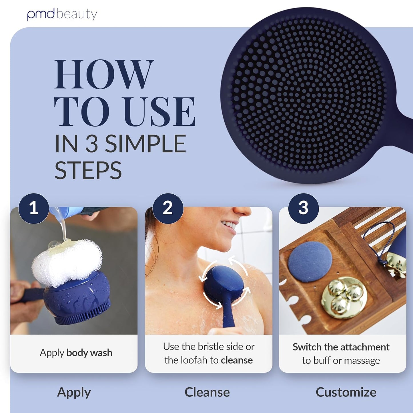 PMD Clean Body - Smart Body Cleansing Device with Silicone Brush & Three Interchangeable Attachments - Waterproof - SonicGlow Vibration - Cleanse, Exfoliate, & Massage Body