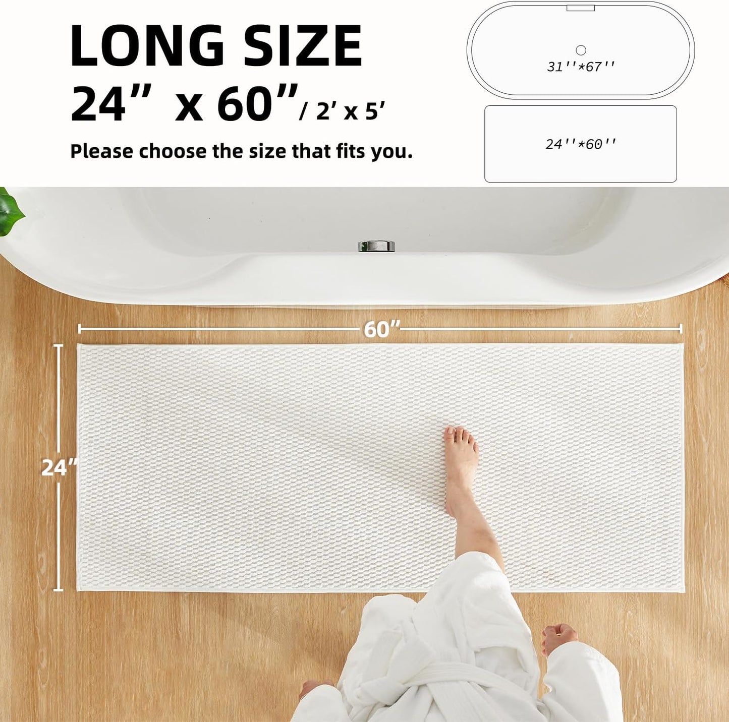 Bathroom Runner Rug, Long Bath Mat Washable Thin Quick Dry Low Pile Bathroom Runner Rugs 24 x 60 Non Slip, White 24"x60"