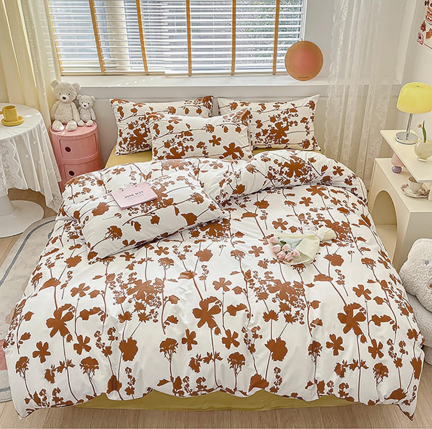 KAREVER Pumpkin Botanical Comforter Set Full White and Pumpkin Floral Plant Bedding Comforter Set Girls Pumpkin Color Blossom Leavs Printed on White Blanket Full Size
