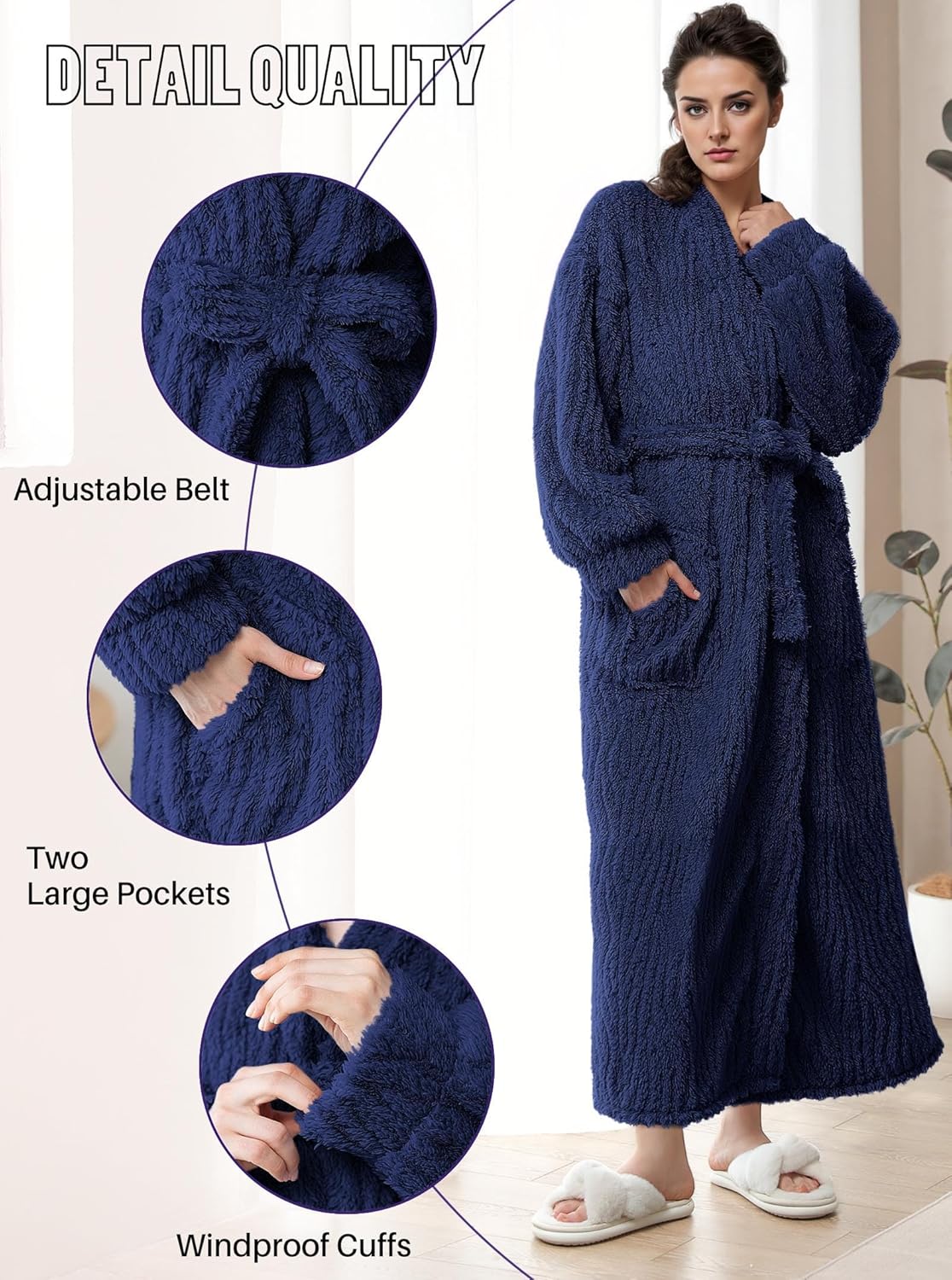 Artfasion Womens Long Fleece Robe - Warm Soft Floor Length Flannel Bathrobes for Winter Thicker Long House Coat with Pockets