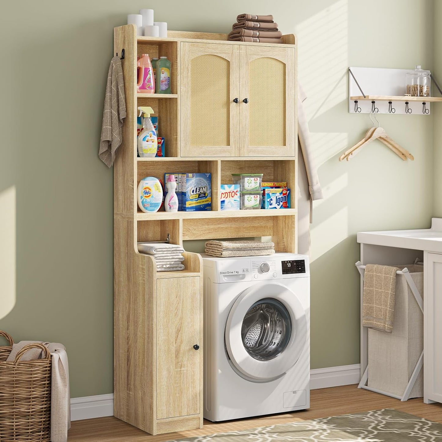 Itaar Over The Toilet Storage Cabinet, Farmhouse Rattan Bathroom Cabinet, Over Toilet Bathroom Organizer with Rattan Barn Doors & Toilet Paper Holder Stand, for Restroom, Laundry