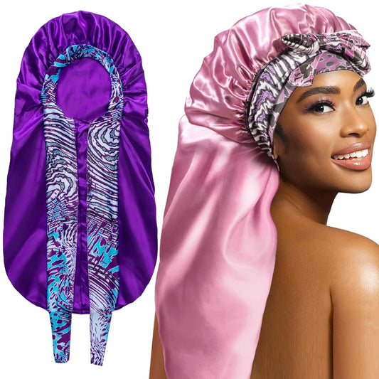 2Pcs Bonnets for Black Women Braid Bonnet, Large Long Satin Silk Bonnet for Braids,Black Women Braid Bonnet with Stretchy Tie Band for Sleeping Extra Long (Purple & Pink Pattern)