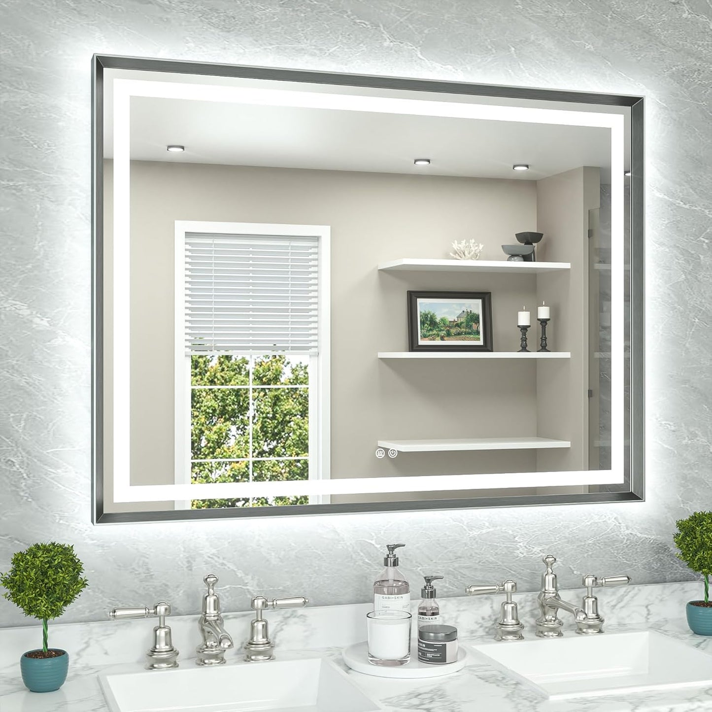 TETOTE 48 x 36 Bathroom LED Mirror Brushed Gunmetal Gray Frame Frontlit & Backlit Vanity Mirror Anti-Fog Stepless Dimmable 3 Colors White/Warm/Natural Wall-Mounted