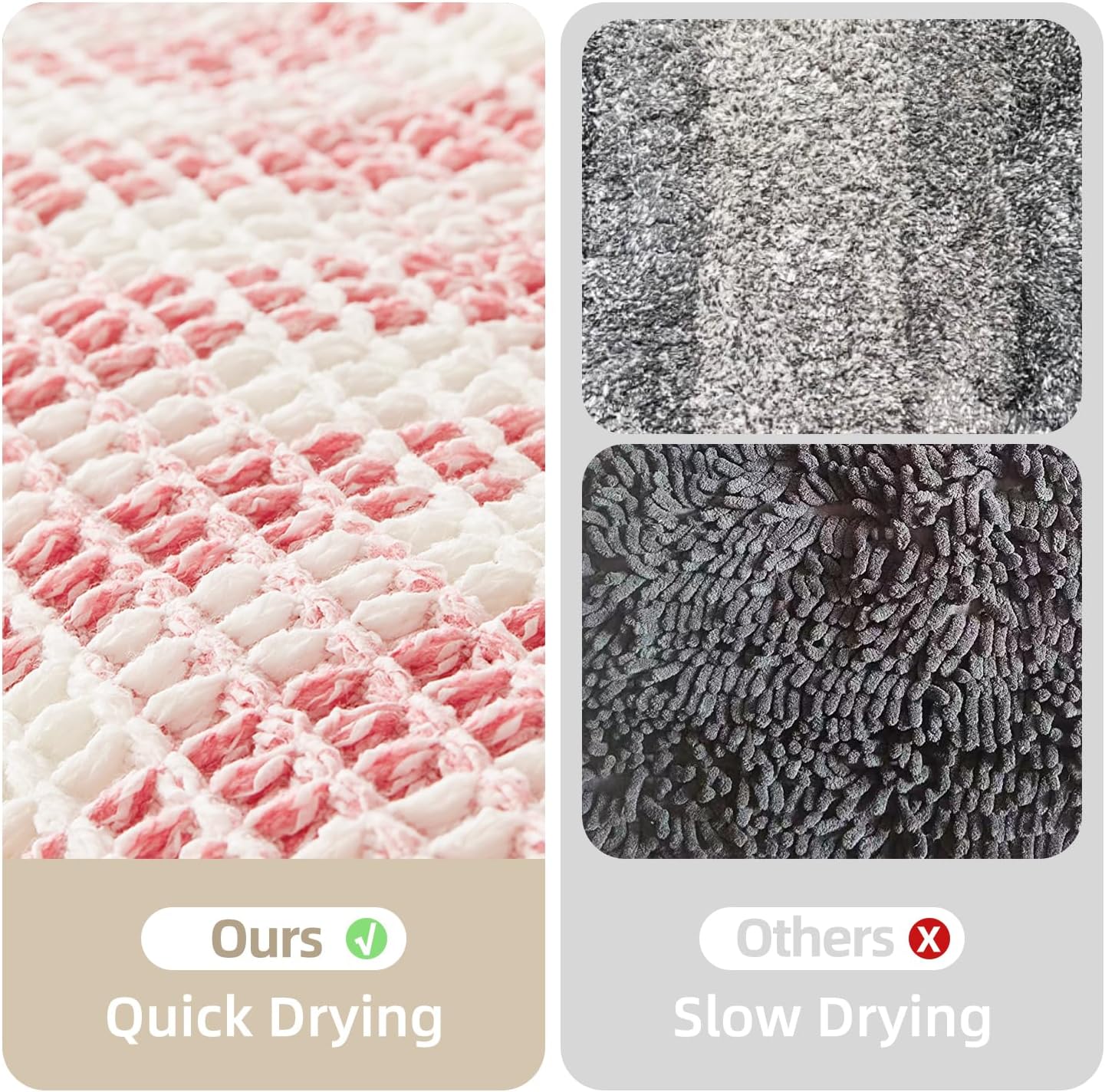 Waffle Runner Rug Bathroom, Long Boho Bathroom Rugs Non Slip Washable Absorbent Checkered Bathroom Mat Quick Dry Cute Bath Mat, 60"x24" Pink and White