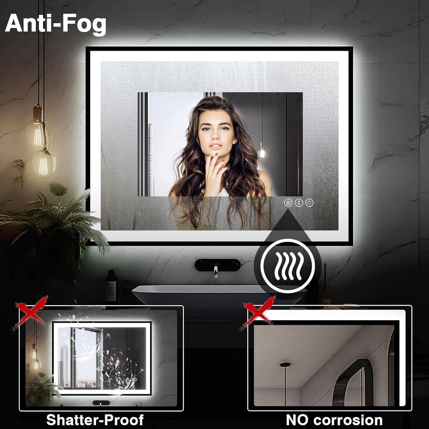 40x24 LED Bathroom Mirror - Black Aluminum Framed, Front and Backlit, Anti-Fog, Stepless Dimmable Lighted, 3 Colors Smart Vanity Mirror (Horizontal/Vertical)