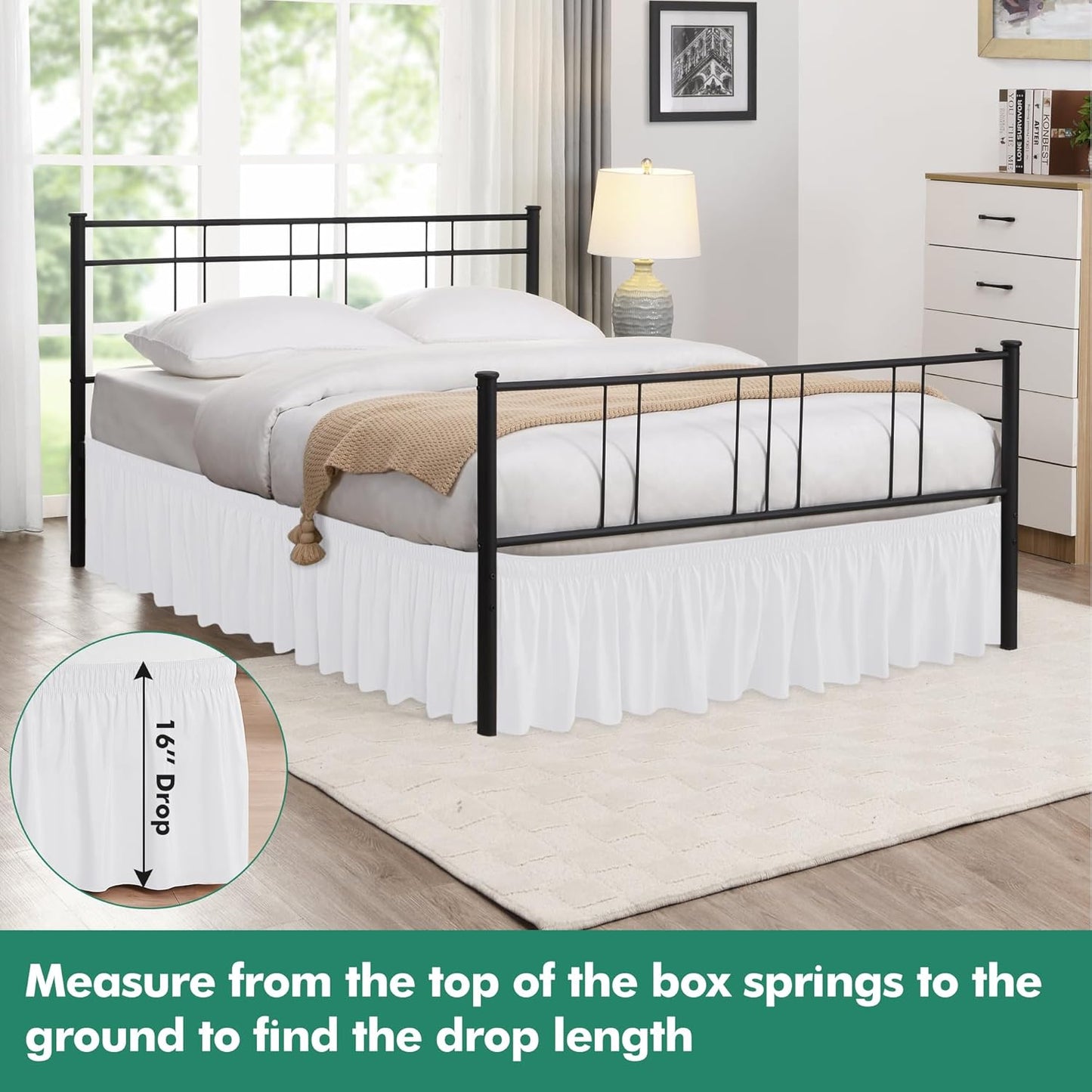 Biscaynebay Wrap Around Bed Skirts with Split Corners for Queen Beds 16" Drop, White Elastic Dust Ruffles Adjustable Easy Fit Wrinkle & Fade Resistant Silky Luxurious Fabric Machine Washable