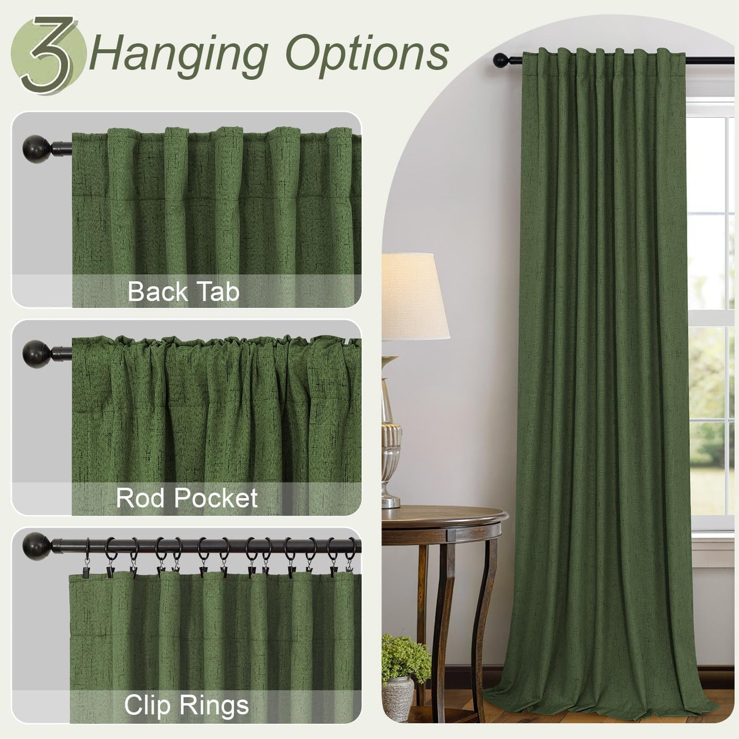 Christmas Green Blackout Curtains for Bedroom Linen Light Pale Olive Green Room Darkening Window Drape Black Out Dark Curtains for Ceiling Door Living Mid Century Modern Decor 108 Inches Long 2 Panels