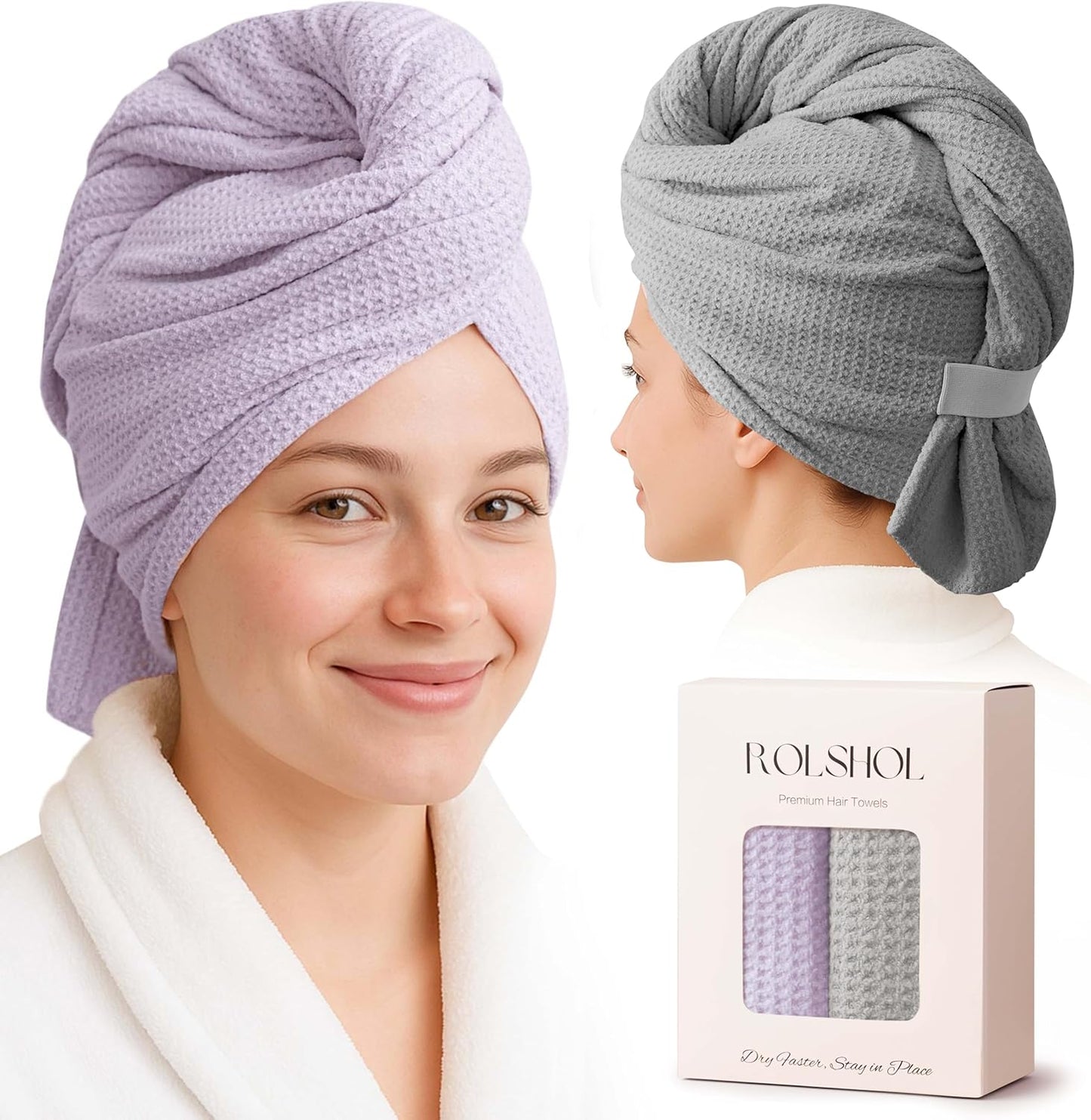2 Pack Microfiber Hair Towel Wrap for Women, 32" x 11" Waffle Weave Hair Plopping Towel for Curly, Long & Thick Hair, Anti-Frizz Hair Turbans for Wet Hair (Lavender, Grey)