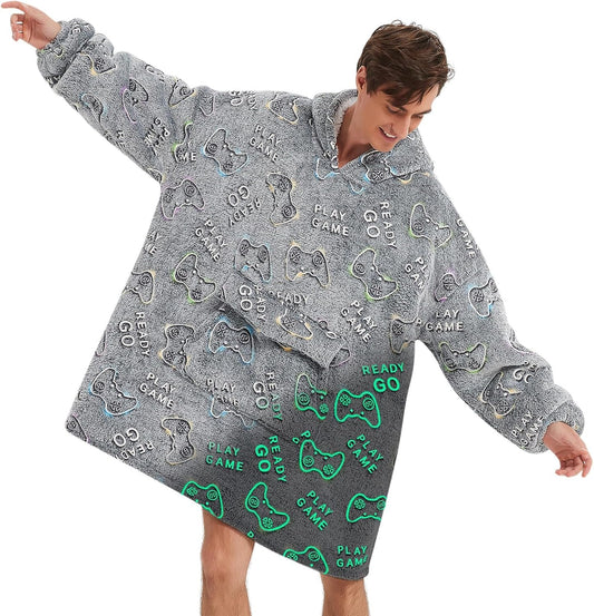 Glow in The Dark Game Controller Wearable Blanket Hoodie for Adult,Oversized Sherpa Fleece Blanket Hoodie for Women Men,Gamer