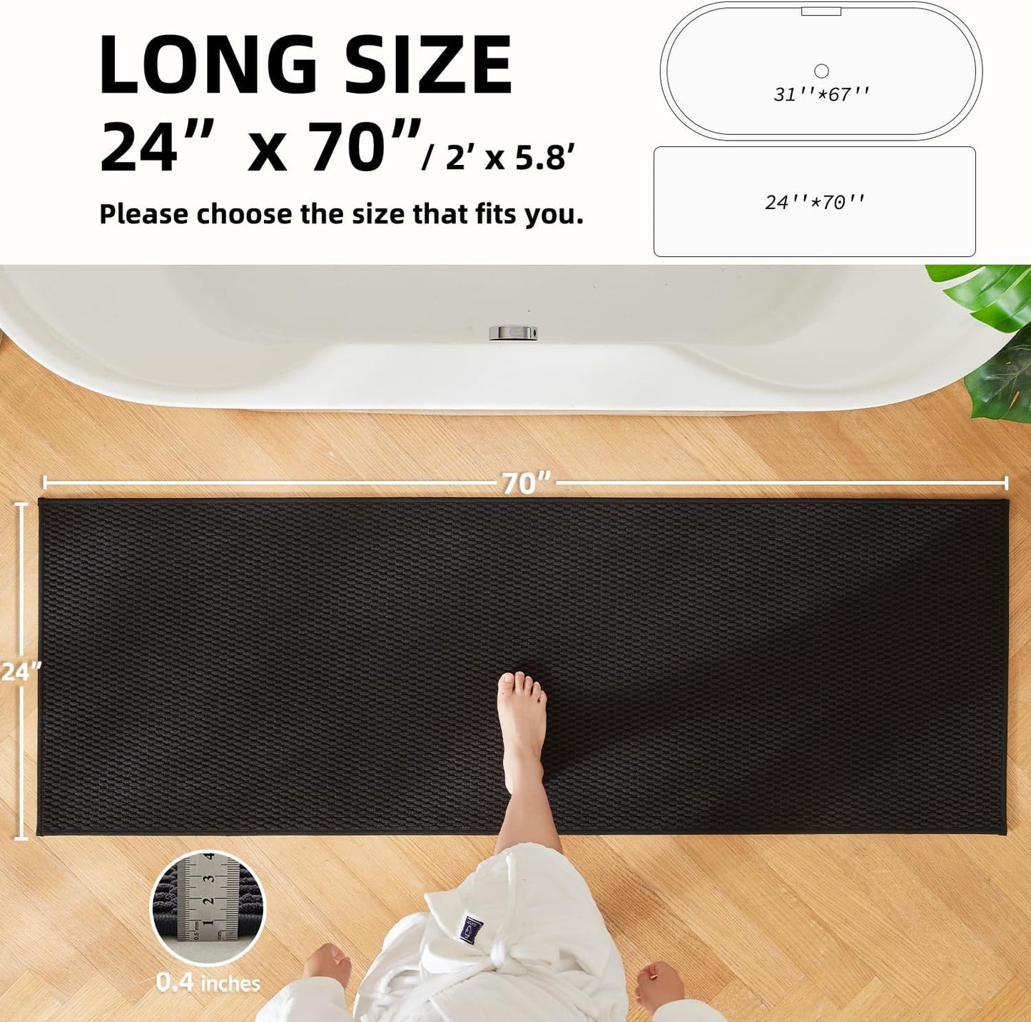 Black Bathroom Runner Rugs, Long Bath Mat Runner Washable Thin Quick Dry Low Pile Bathroom Runner Rugs Non Slip, Black 24''x70''