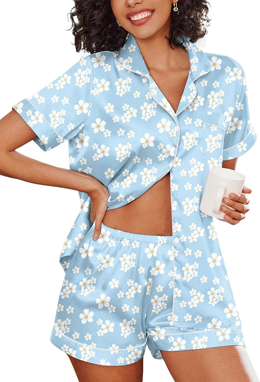 Ekouaer Pajamas for Women Set Silk Satin Pjs Shorts Sleepwear 2 Piece Loungewear S-XXL