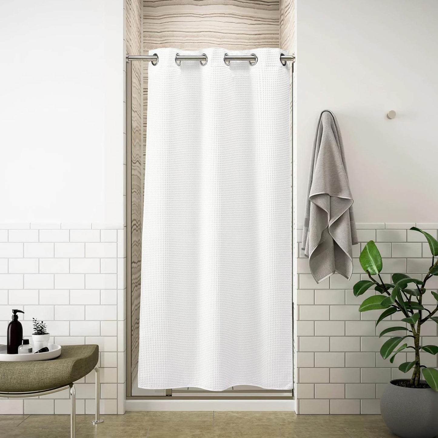 River Dream 36" W Stall Waffle No Hook Shower Curtain with Snap-in Liner,Cotton Blend Fabric Shower Curtain for Bathroom, White,36Wx74L