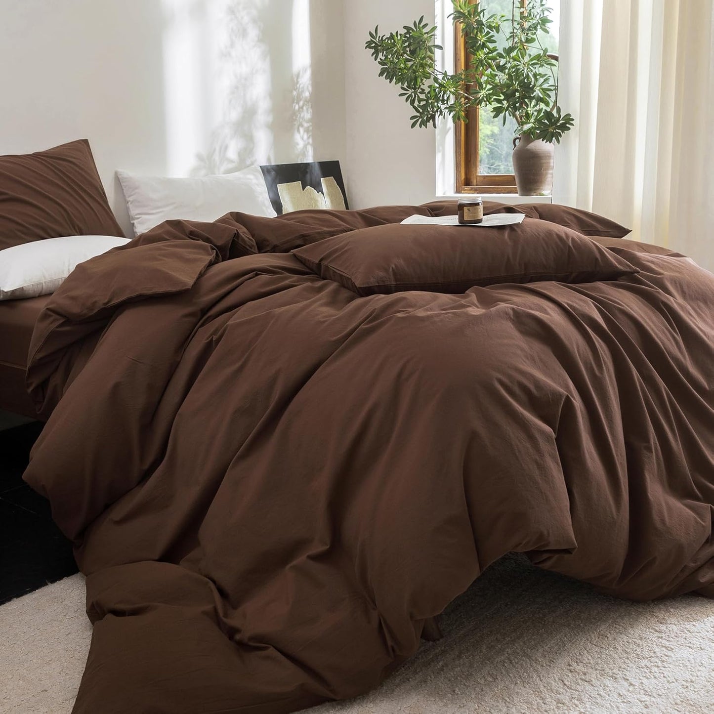 FOSSA Duvet Cover Set 100% Washed Cotton Linen Feel Super Soft Breathable Cozy Simple Style 3 Pieces Bedding Sets Solid Cocoa Brown Oversized King Plus