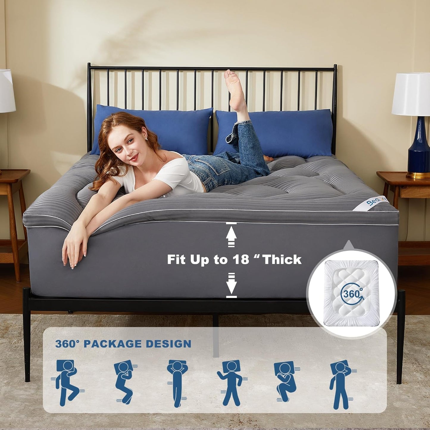 BEDLORE California King Mattress Topper, Thick Pillow Top Pad for Back Pain Relief, Cooling Soft Mattress Cover with Deep Pockets 6-18 inch
