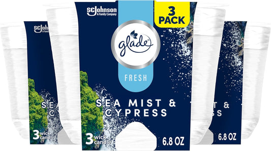 Glade 3-Wick Scented Candle Jar, Sea Mist & Cypress, Air Freshener Infused with Essential Oils, 6.8 Oz, 3 Count