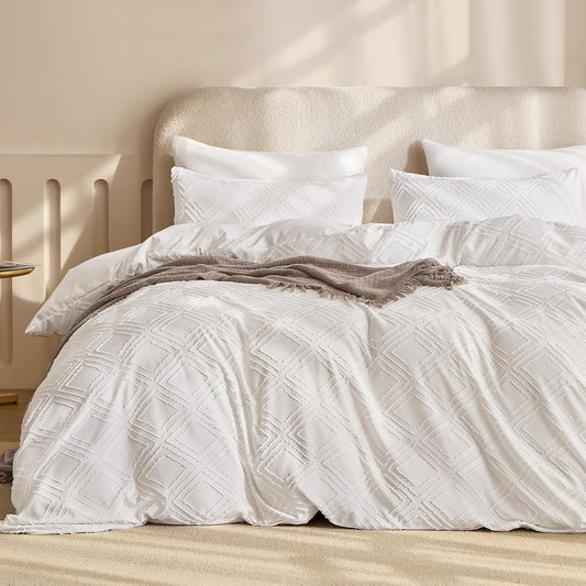JELLYMONI Duvet Cover Twin Size White - 3PCS Boho Duvet Cover Set Plaid Polyester Tufted Bohemian Jacquard Knit Textured Comforter Cover 68×90in Rhombic Geometric Pattern Corner Ties & Zipper
