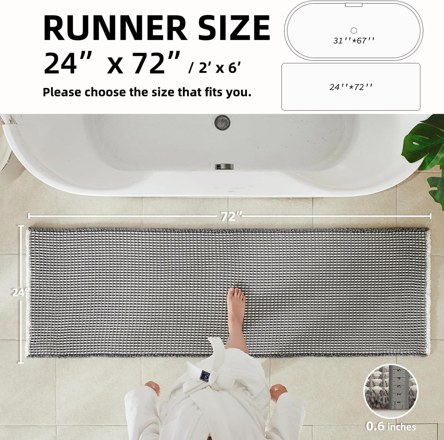 Waffle Runner Rug Bathroom, Long Boho Bathroom Rugs Non Slip Washable Super Absorbent Quick Dry Farmhouse Bath Decor, 72"x24" Grey and White