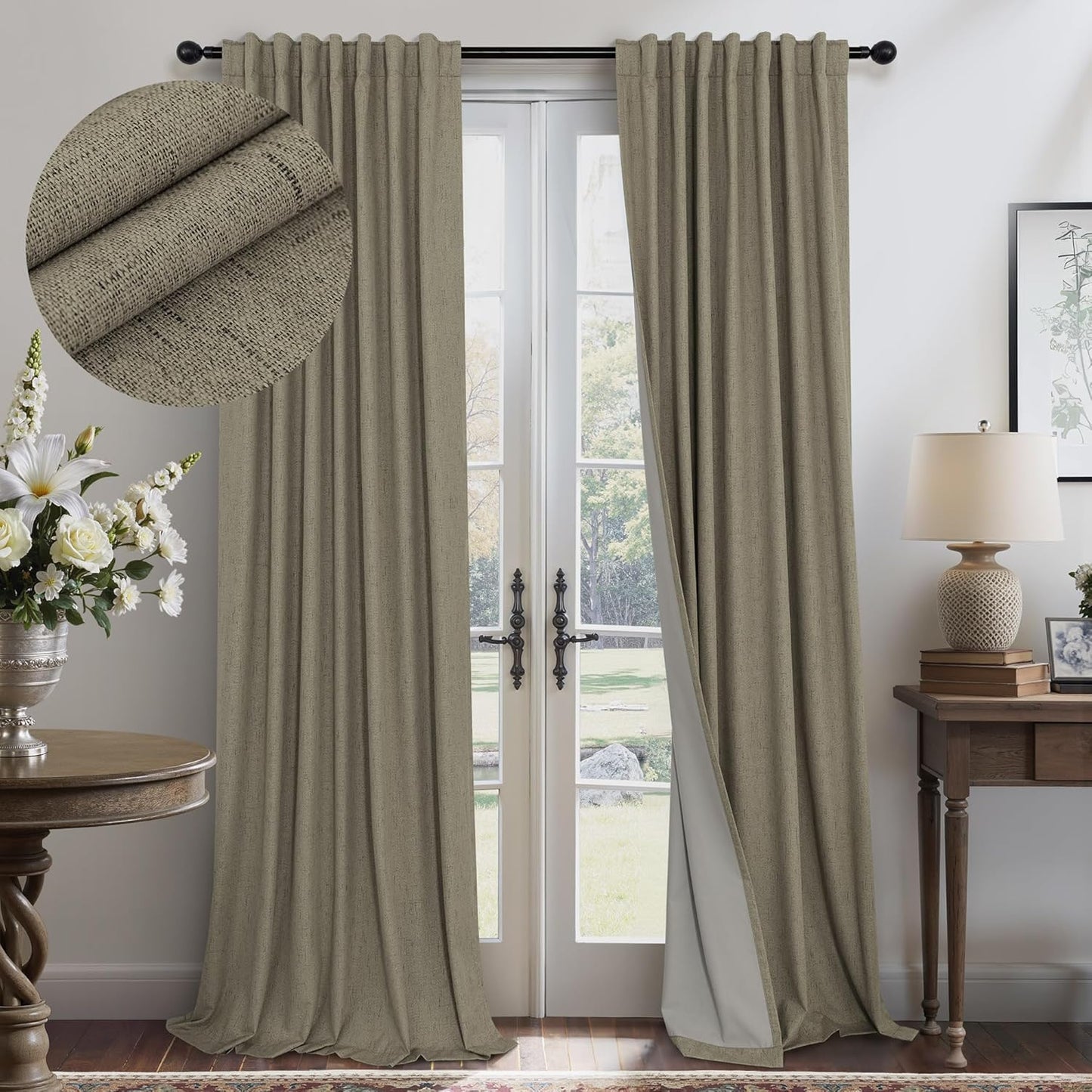 Dark Taupe Neutral Blackout Curtains 96 Inch Long 2 Panel Insulated Sliding Door Curtain UV Heat Blocking Drape for Living Room Bedroom Linen Cloth Canvas Burlap Primitive Decor Back Tab 52x96 Length