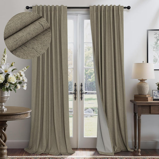 Dark Taupe Neutral Blackout Curtains 96 Inch Long 2 Panel Insulated Sliding Door Curtain UV Heat Blocking Drape for Living Room Bedroom Linen Cloth Canvas Burlap Primitive Decor Back Tab 52x96 Length