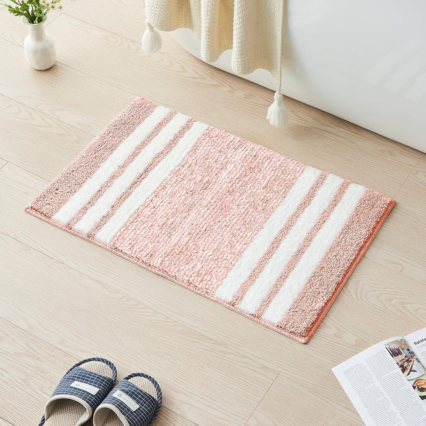 CozeCube Bath mats for Bathroom Non Slip, Fluffy Absorbent Microfiber Bath mat Washable, Aesthetic Bathroom Rugs, Cute Blossom Pink Striped Bath mat, Blossom Pink, 32" x 20"
