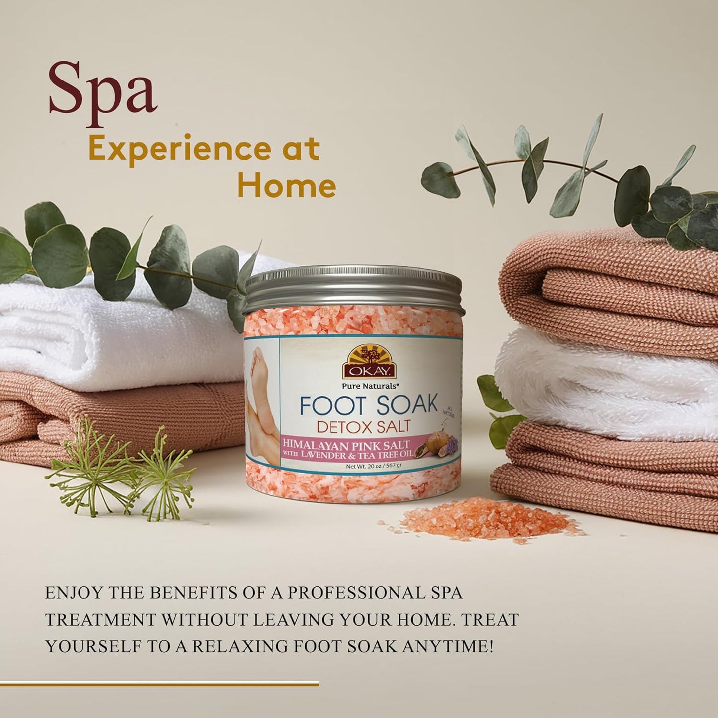 OKAY Foot Soak Detox Salt - Foot Soaking Salts for Dry Cracked Feet with Tea Tree Oil and Lavender Oil, Foot Bath, Pedicure Soak, Great for Men and Women, Athletes - 20 oz (Pack of 2)