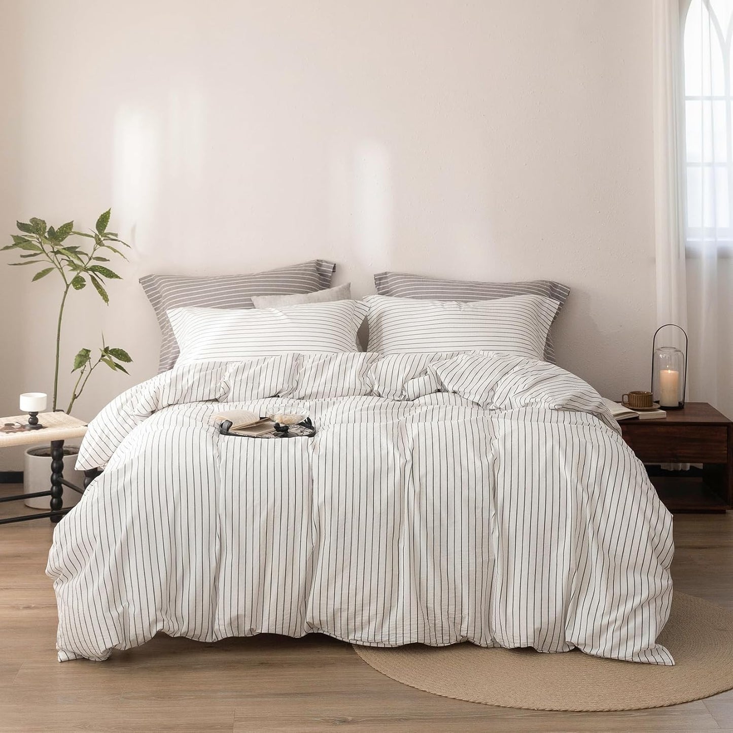 Stripe Duvet Cover King Size 104inch x 90inch, 100% Washed Cotton Linen Feel Duvet Cover, Pinstripe Duvet Cover with Zipper Closure and 2 Pillowcases, Color of White-Dark Grey Stripe