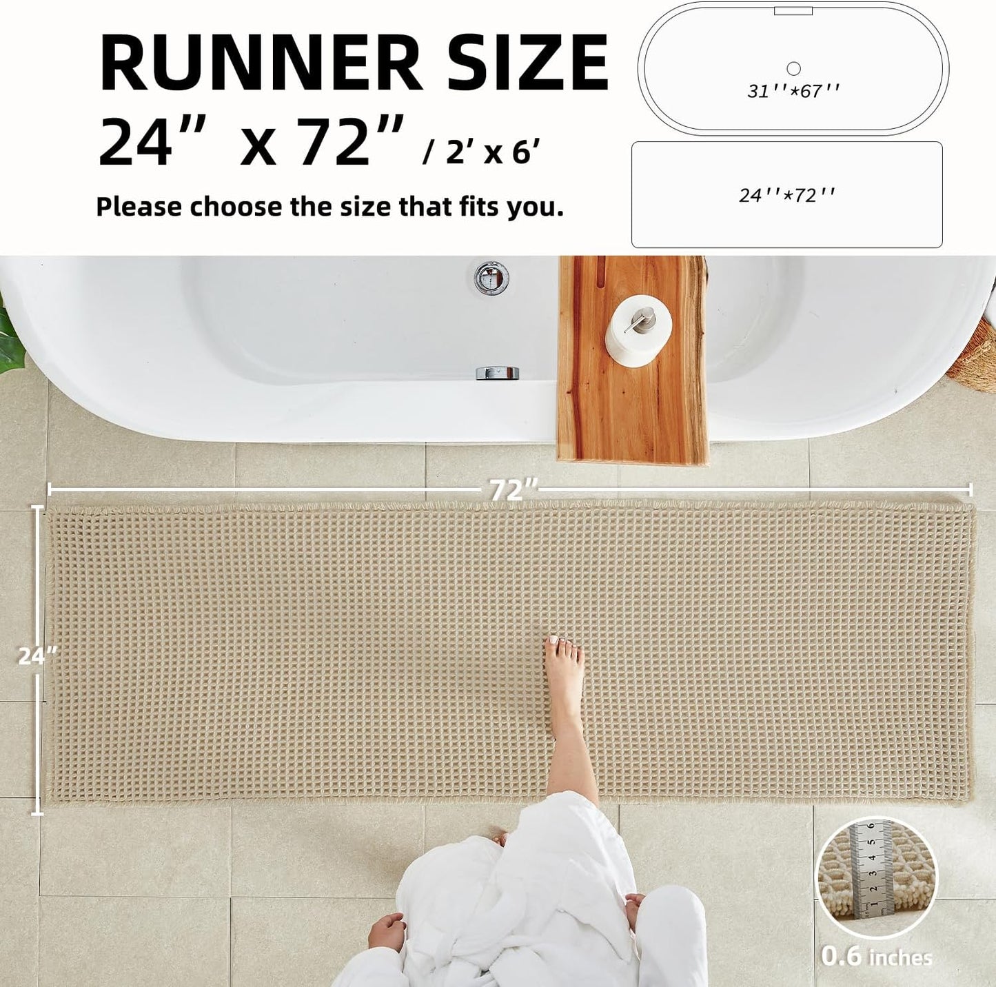 Pale Beige Long Bathroom Rug, Waffle Runner Rug Bathroom Non Slip Washable Super Absorbent Quick Dry Boho Farmhouse Bath Mat, 72''x24'' Pale Beige