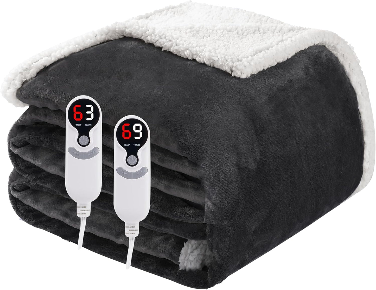 Electric Heated Blanket Queen Size 84"x90", Soft Flannel with Dual Controllers & Overheat Protection, 6 Adjustable Heat Settings & 10-Hour Auto-Off Timer, Fast Heating for Winter Comfort, Dark Gray