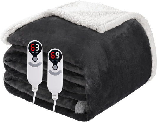 Electric Heated Blanket Queen Size 84"x90", Soft Flannel with Dual Controllers & Overheat Protection, 6 Adjustable Heat Settings & 10-Hour Auto-Off Timer, Fast Heating for Winter Comfort, Dark Gray