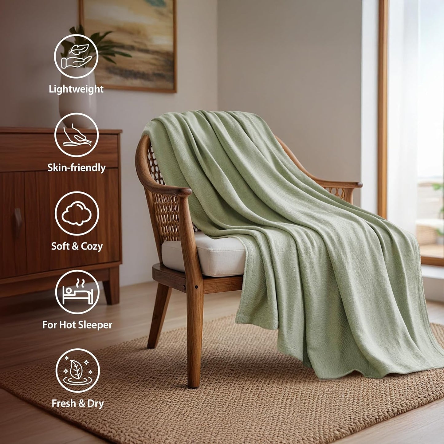 Twin Size Blanket, 70% Rayon (Derived from Bamboo) and 30% Cotton, Lightweight Jacquard Weave, Breathable and Soft Summer Blanket for Bed or Couch, 66” x 90”, Sage Green