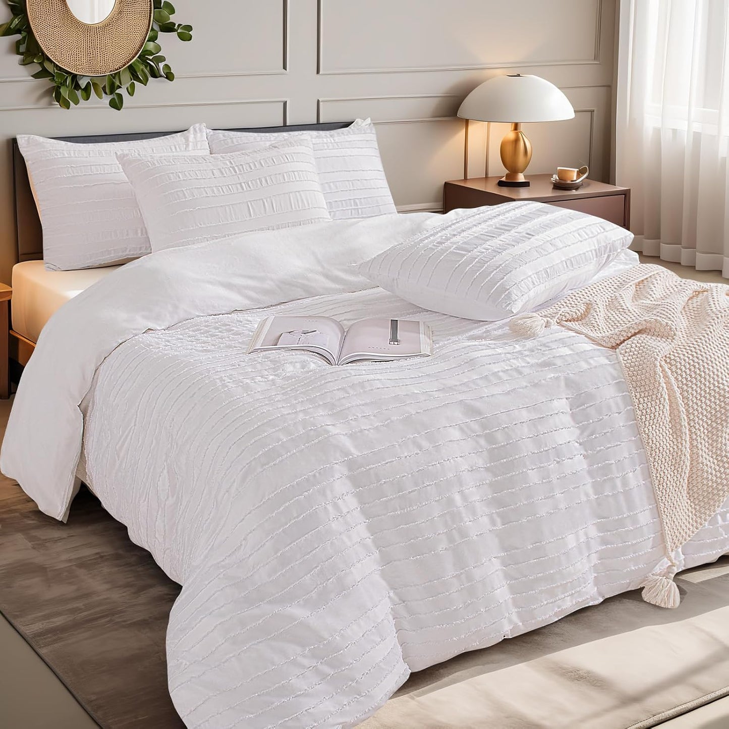 NEXHOME PRO Duvet Cover Queen Size, White 3 Pieces Boho Tufted Duvet Cover Set, Soft and Lightweight Microfiber Comforter Cover Set for All Season (White Queen, 90 x 90)-No Comforter