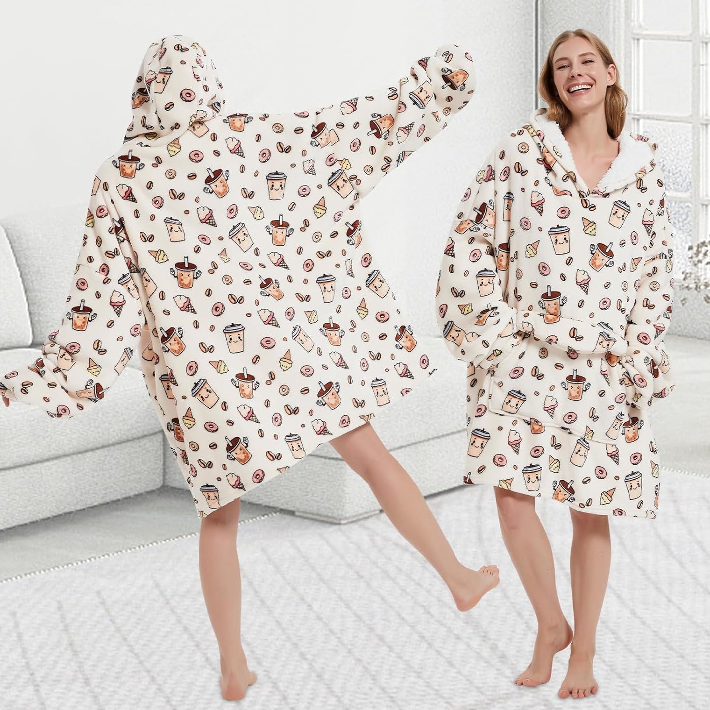Wearable Blanket Hoodie for Adult,Oversized Sherpa Fleece Blanket Hoodie for Women Men,Coffee