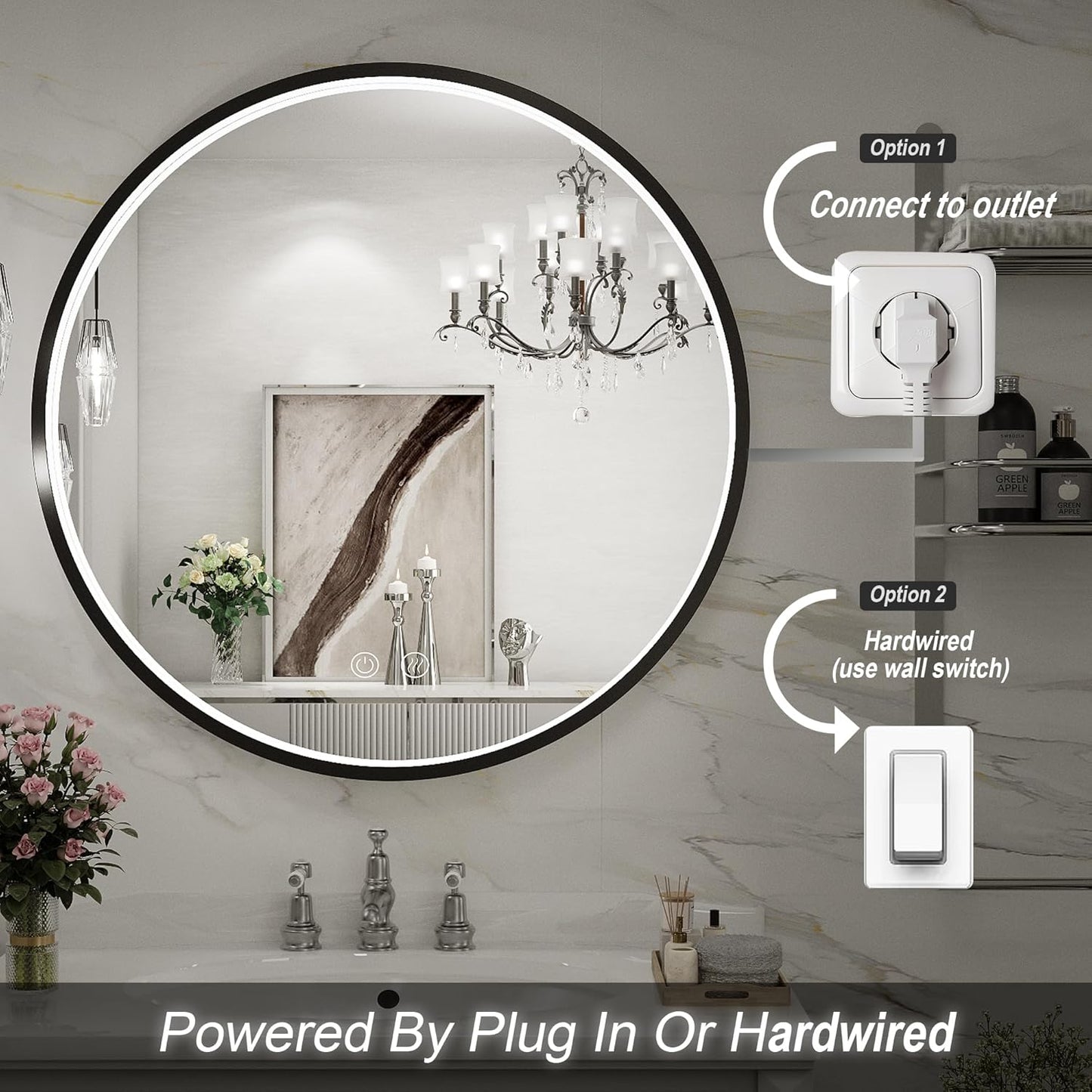 24" Round LED Bathroom Mirror, Dimmable Anti-Fog Vanity Mirror with Touch Control, 6000K Natural Light, Black Metal Frame, Wall Mounted for Makeup Shaving (IP54, 90+ CRI)