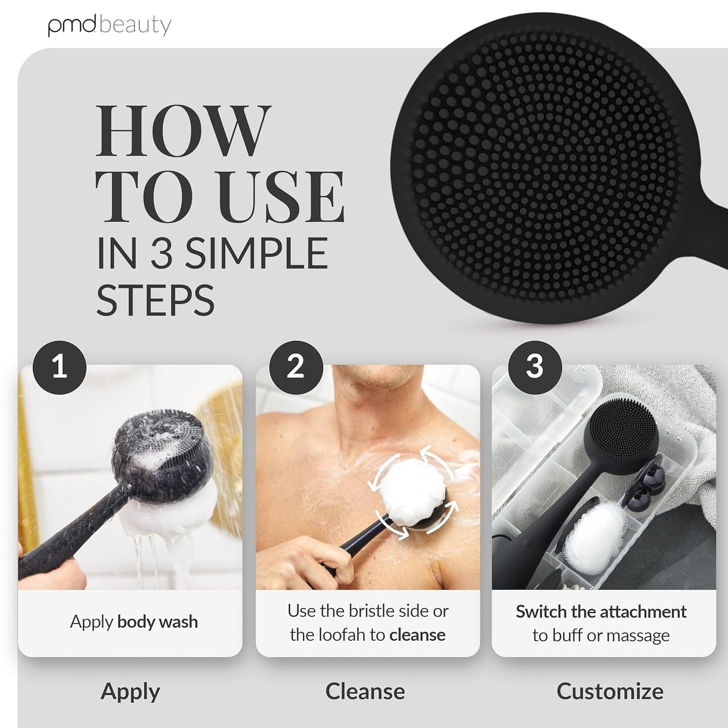 PMD Clean Body - Smart Body Cleansing Device with Silicone Brush & Three Interchangeable Attachments - Waterproof - SonicGlow Vibration - Cleanse, Exfoliate, & Massage Body