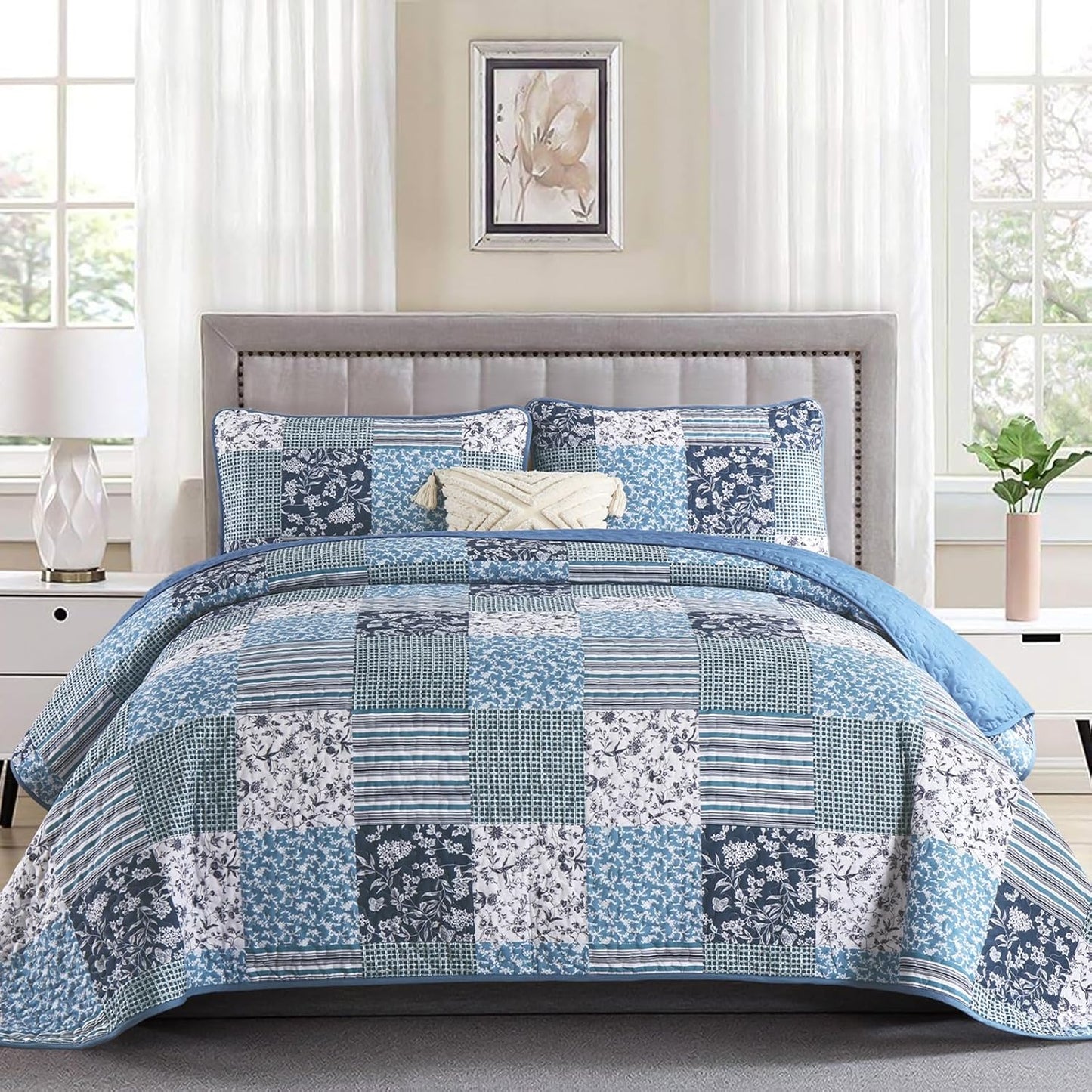 Mybedsoul Navy Blue Quilt Set Queen Size, 3 Pieces Plaid Floral Bedspread Set Patchwork Reversible Bedding Set Microfiber Lightweight Bedspread Coverlet Set for All Season 96"x90"