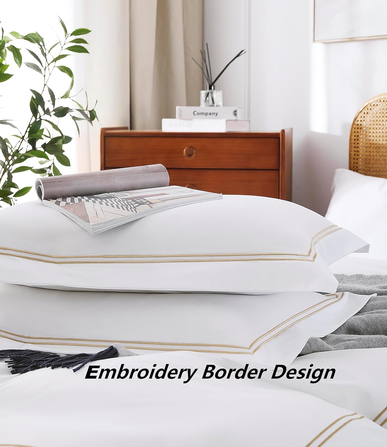 100% Cotton Duvet Cover Set Soft Comfortable with Embroidery Design 3 Pcs Sateen Weave Home Bedding Set (White&Gold, Queen)