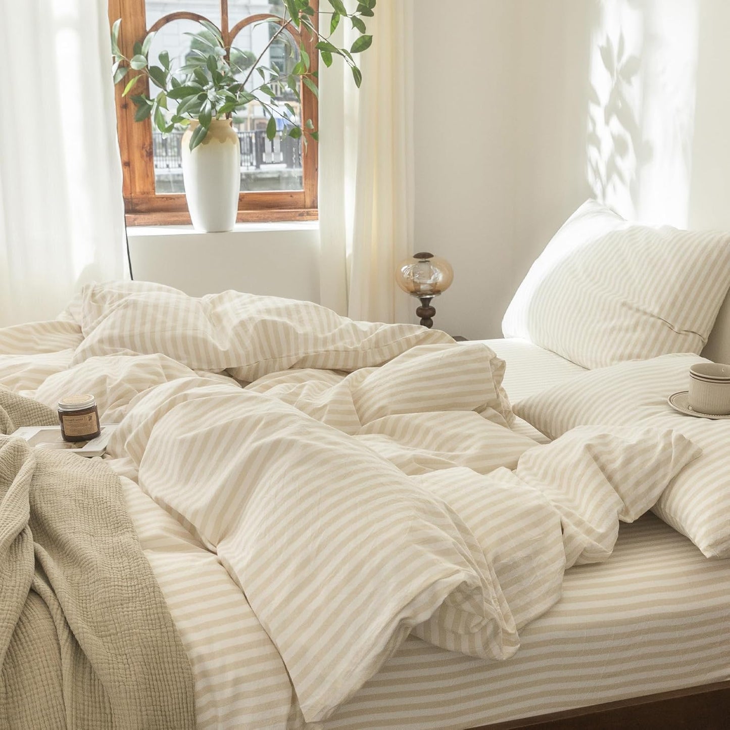 FOSSA Striped Duvet Cover Set 100% Washed Cotton Linen Feel Super Soft Breathable Cozy 3 Pieces Bedding Sets Almond Milk Grey Classic Stripes Queen