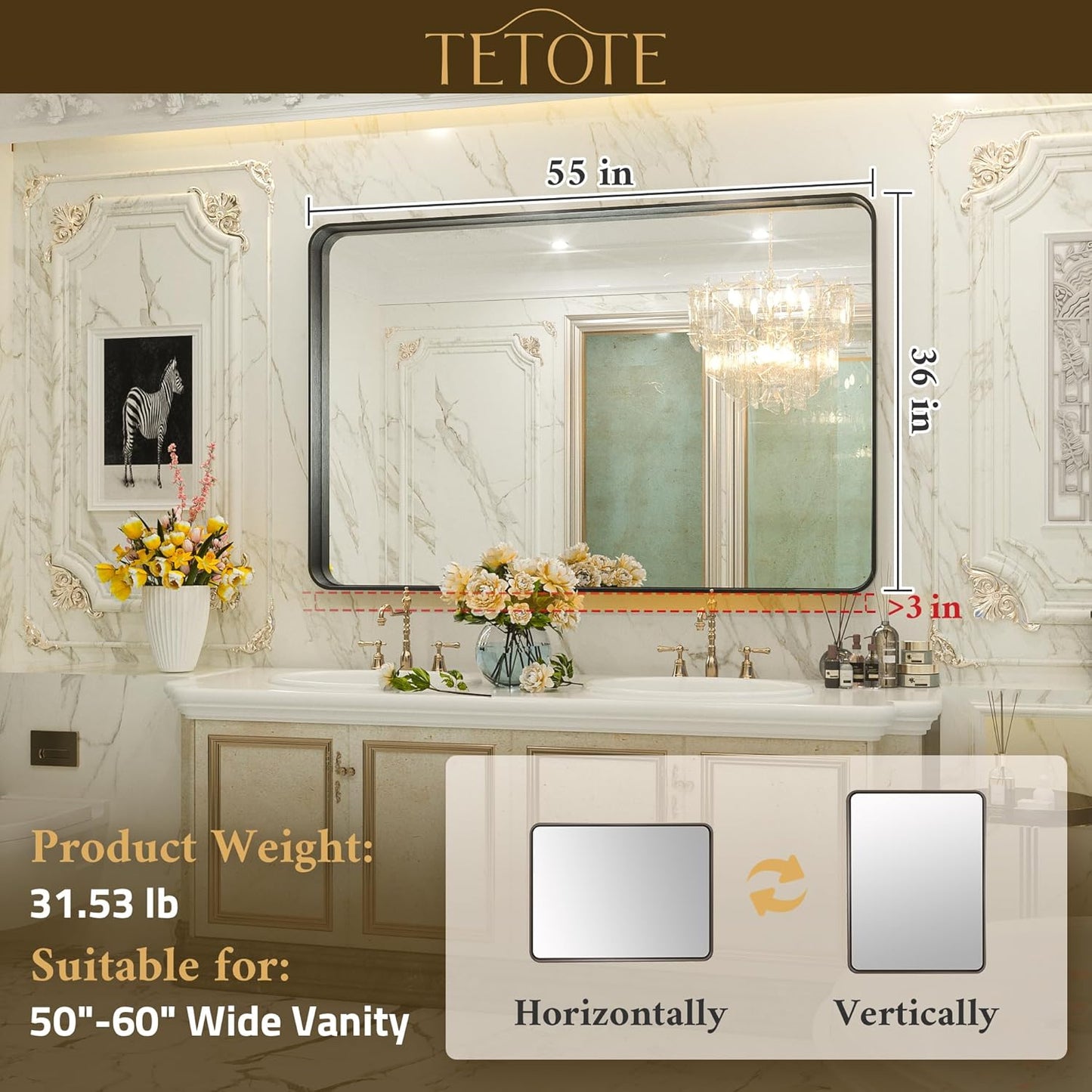 TETOTE 55 x 36 Inch Bathroom Mirror, Brushed Brass Gold Vanity Mirror, Modern Rectangle Metal Frame Decorative Wall Mirror for Entryway Shatterproof (Horizontal/Vertical)