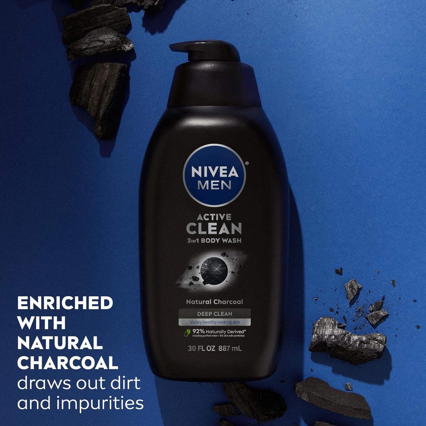 NIVEA Men Active Clean Body Wash with Natural Charcoal for Normal to Oily Skin, 3-in-1 Charcoal Body Wash, Face and Hair, Draws Out Dirt and Impurities, 30 Fl Oz Bottle