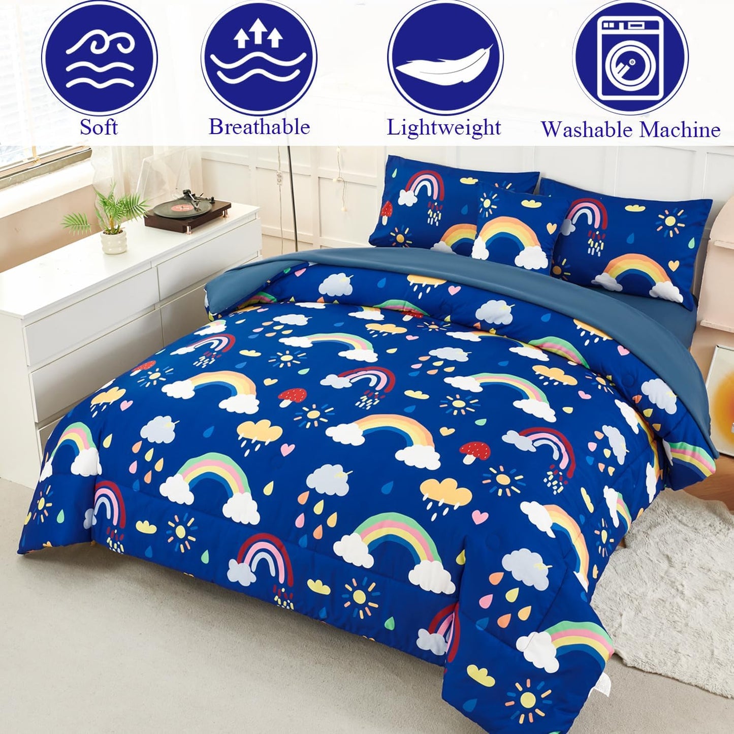 ANGIYUIN Blue Rainbow Kids Full Size Bed in A Bag with Sheets Cute Cloud and Rain Design Girls Comforter Set Soft Microfiber Bedding Set, Blue, Full