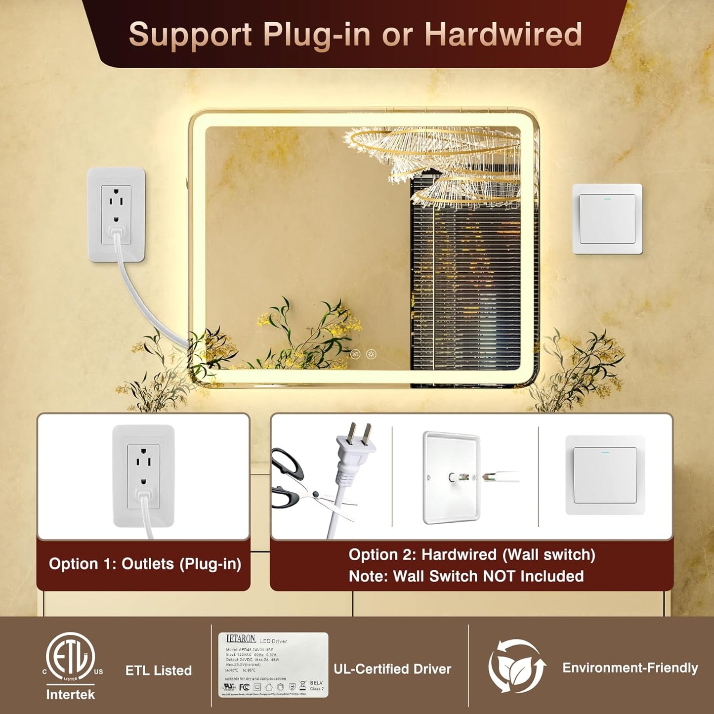 40x32 Inch LED Bathroom Mirror with Lights, Frontlit + Backlit, Smart Bathroom Vanity Mirror, Stepless Dimmable, Anti Fog, 3 Colors, Wall Mounted Lighted Vanity Mirror