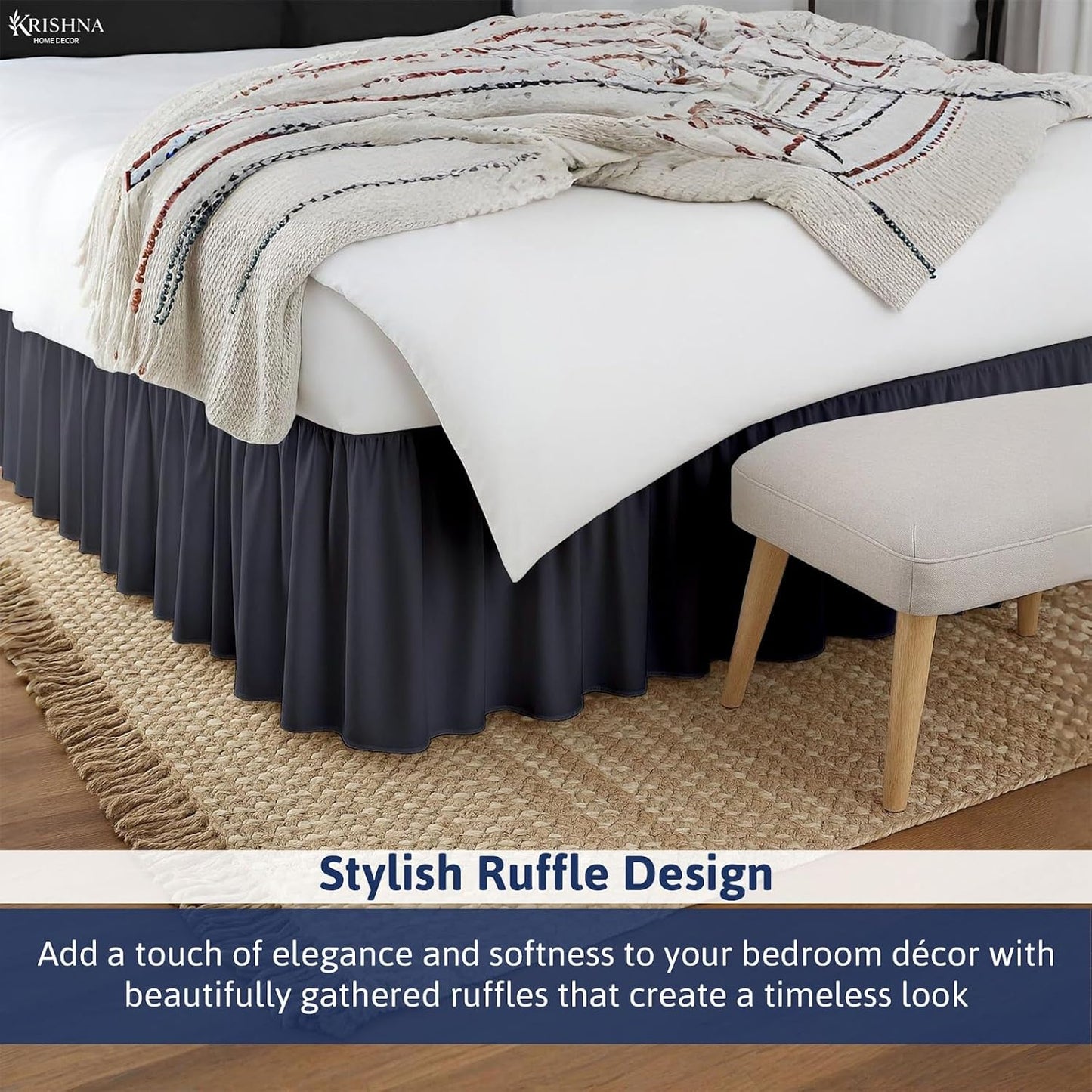 KRISHNA Ruffled Bed Skirt with Split Corners Queen, 100% Microfiber Hotel Quality, 24 Inch Drop Dust Ruffle Gathered Bedskirt with Platform, 60" x 80", Dark Grey